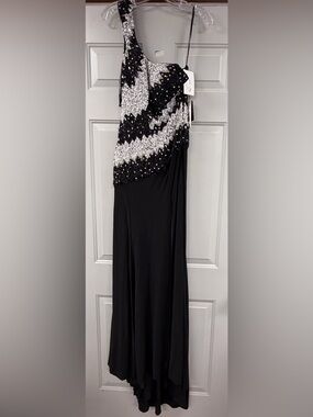 One-Shoulder Black Maxi Dress with Silver Beaded Bodice